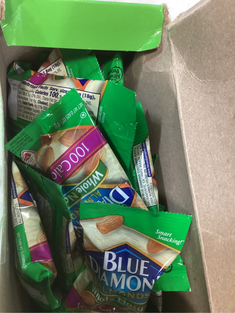 Condition photo showing New/Like New for (BB MAY 2027) Blue Diamond Almonds Whole Natural Raw Snack Nuts, 100 Calorie Travel Bags, 32 count