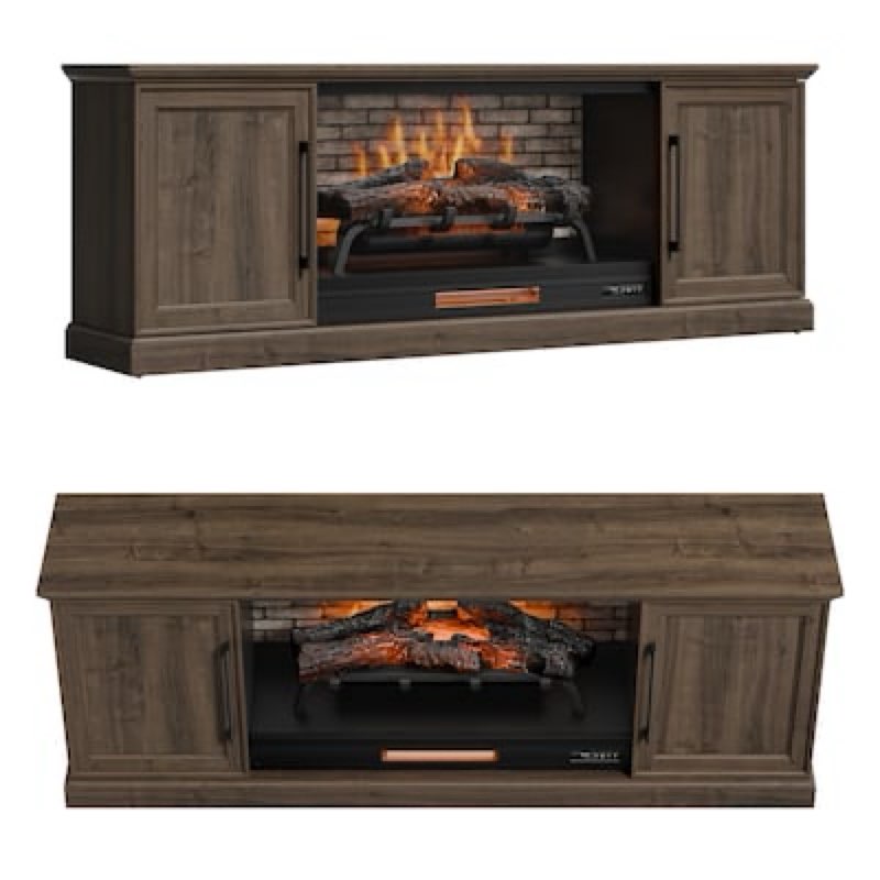 allen + roth 72-in W Brown Walnut TV Stand with Infrared quartz Flat Wall Electric Fireplace with