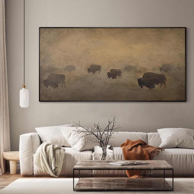 Buffalo Herd in Hazy Landscape Rustic Western Extra Large Framed Wall Art Print Decor (Framed Assembly Required)