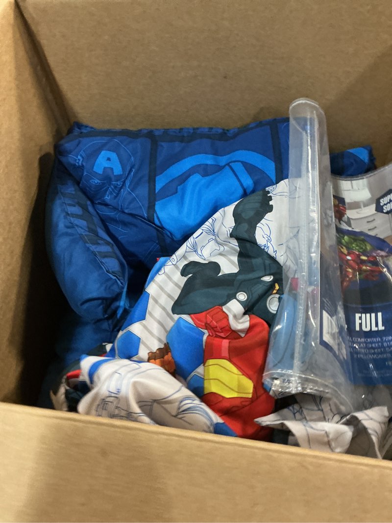 Condition photo showing As Is for marvel avengers blue circle 5 piece full bed set - includes reversible comforter & sheet set - bedding features captain america & iron man - fade resistant microfiber (official marvel product) full avengers