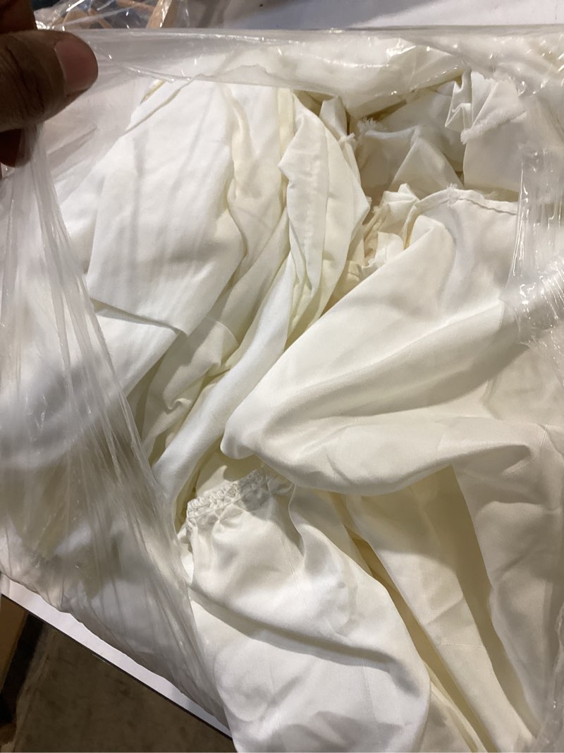Condition photo showing Good Condition for bed skirt king size, ruffled bed skirts with split corners, king bed skirt 16 inch drop, striped, ivory, 16" king ivory-ruffle 16''king