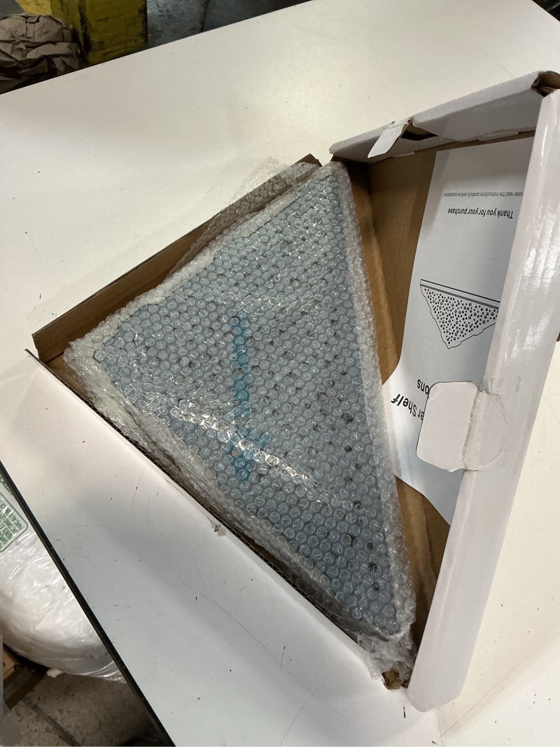 Condition photo showing New/Like New for brushed nickel 10’’ corner shower shelf bathroom shower shelves, 2 pack triangular 304 stainless steel shower corner shelf for tiled walls, no drilling