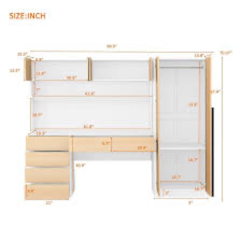 Wooden Desk With Wardrobe, 2 Upper Cabinets And 6 Drawers