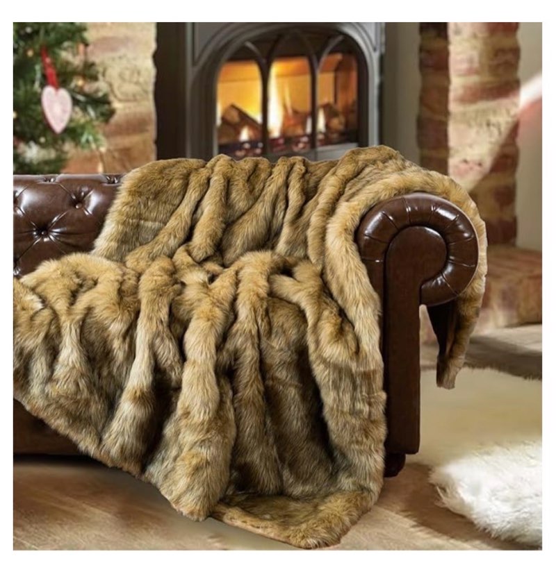 battilo home golden faux fur throw blanket for couch sofa, long pile fur blankets and throws, elegant, fluffy thick warm heavyweight fur blanket reversible to plush velvet, 50"x60"