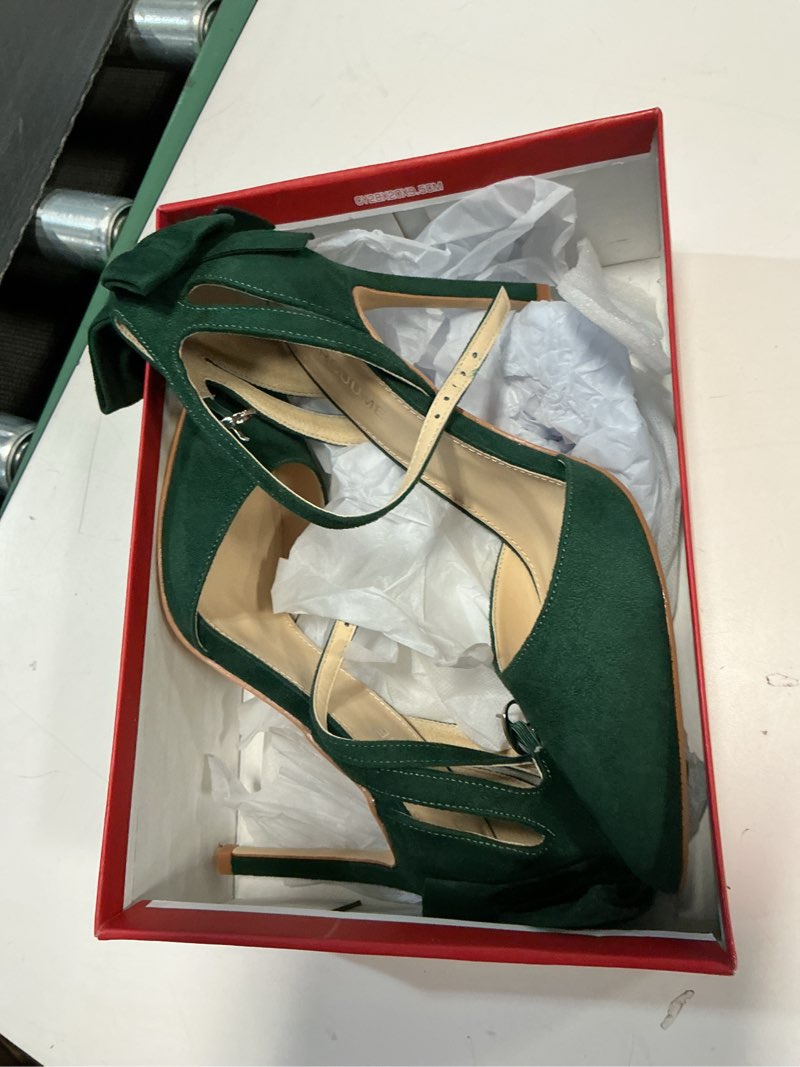 Condition photo showing As Is for Carcuume Women's Closed Toe Heels Bow Stiletto Heel Sandals Pointed Toe Pumps Wedding Shoes 9 Green