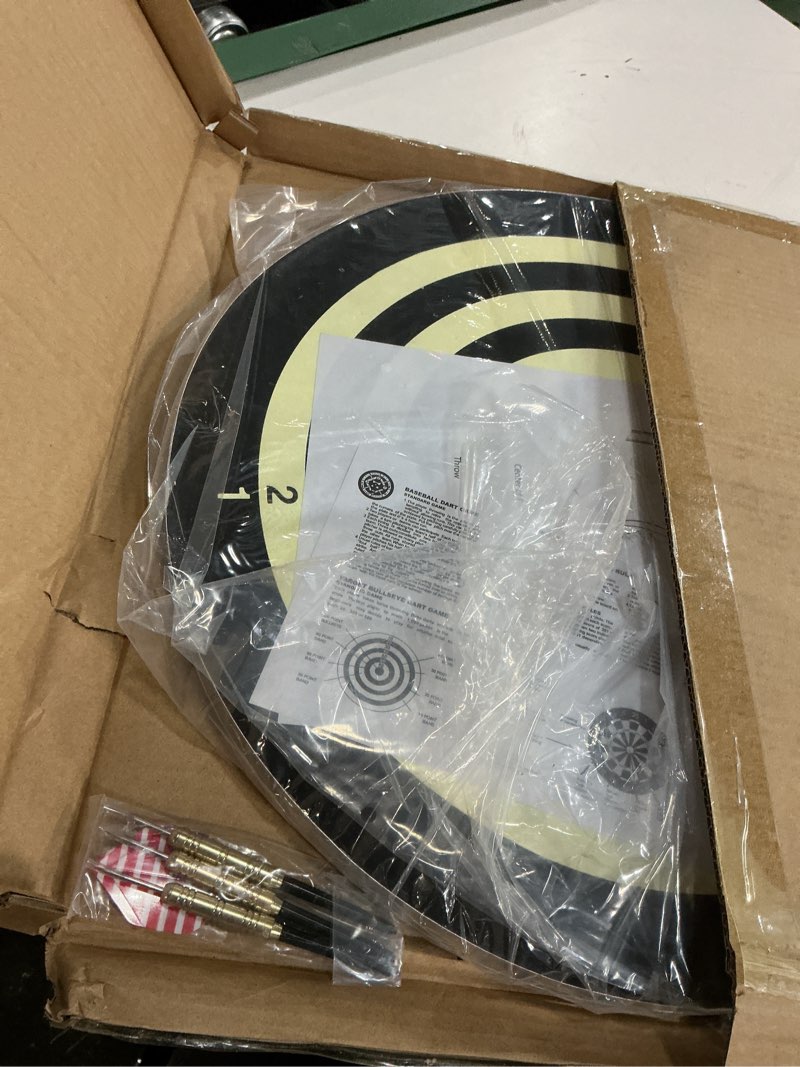 Condition photo showing New/Like New for Paper Wound Dart Board – Indoor Hanging 20-Point Darts and Target Bullseye Game – Comes with Six 17g Brass Tipped Darts by Hey! Play!