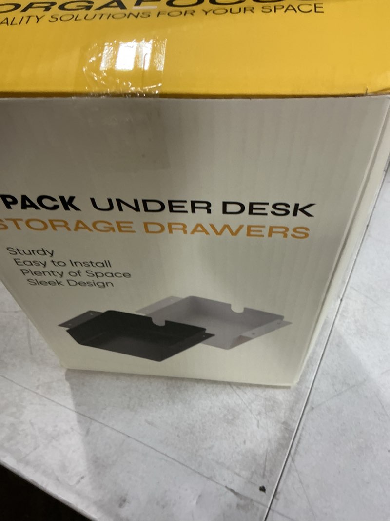 Condition photo showing New/Like New for 4 pack under desk hanging shelf drawer organizer, attachable plastic hidden storage tray, easy adhesive mount holder for standing tables, office, counters, cabinets, workstations - white 4 pack large matte white