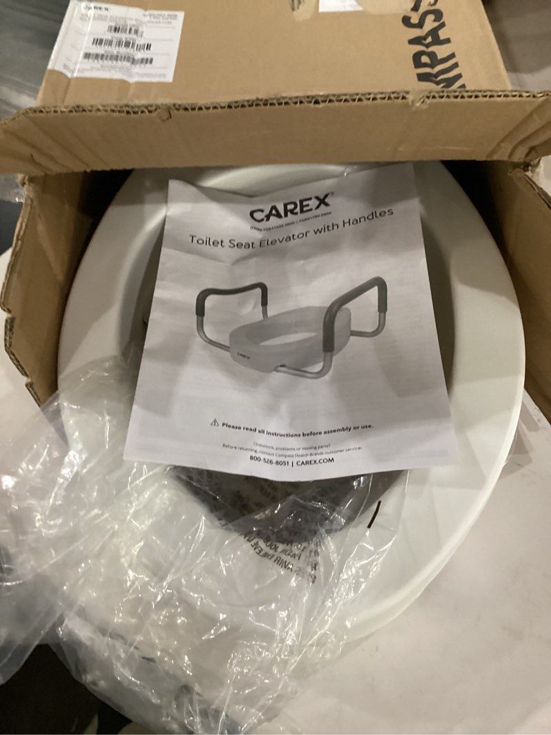 Condition photo showing As Is for similar to**** carex e-z lock raised toilet seat with handles, 5\" toilet seat riser with arms, handicap raised toilet seat for seniors and elevated toilet seat