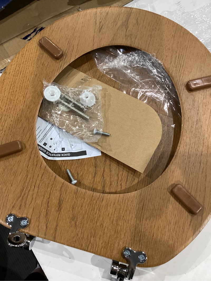 Condition photo showing As Is for project source wood oak veneer round toilet seat