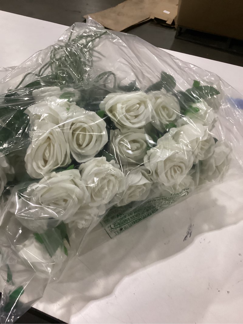 Condition photo showing As Is for InnoGear 50 Pcs White Roses Artificial Flowers, Fake Velvet Silk Rose Bulk Faux Flower for Decoration DIY Wedding Centerpieces Proposal Bridal Bouquets Shower Party Home Floral Decor (50, White) White 50