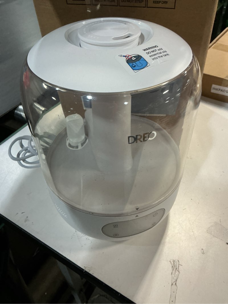 Condition photo showing As Is for DREO Humidifiers for Bedroom, 3L Top Fill 30H & 26dB Quiet Runtime for Large Room, Cool Mist Ultrasonic Humidifier with Humidity Sensor, Night Light for Home, Baby, Nursery, Plants, New Edition Pearl White