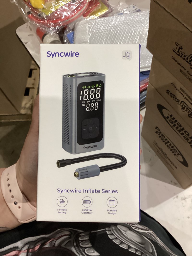Condition photo showing New/Like New for Syncwire Tire Inflator Portable Air Compressor - 150PSI 2X Faster Inflation Smart Air Pump for Car Tires [Extra-Large LCD] with Digital Pressure Gauge, Auto Shut-Off for Car, Motorcycle, Bike & Balls Silver
