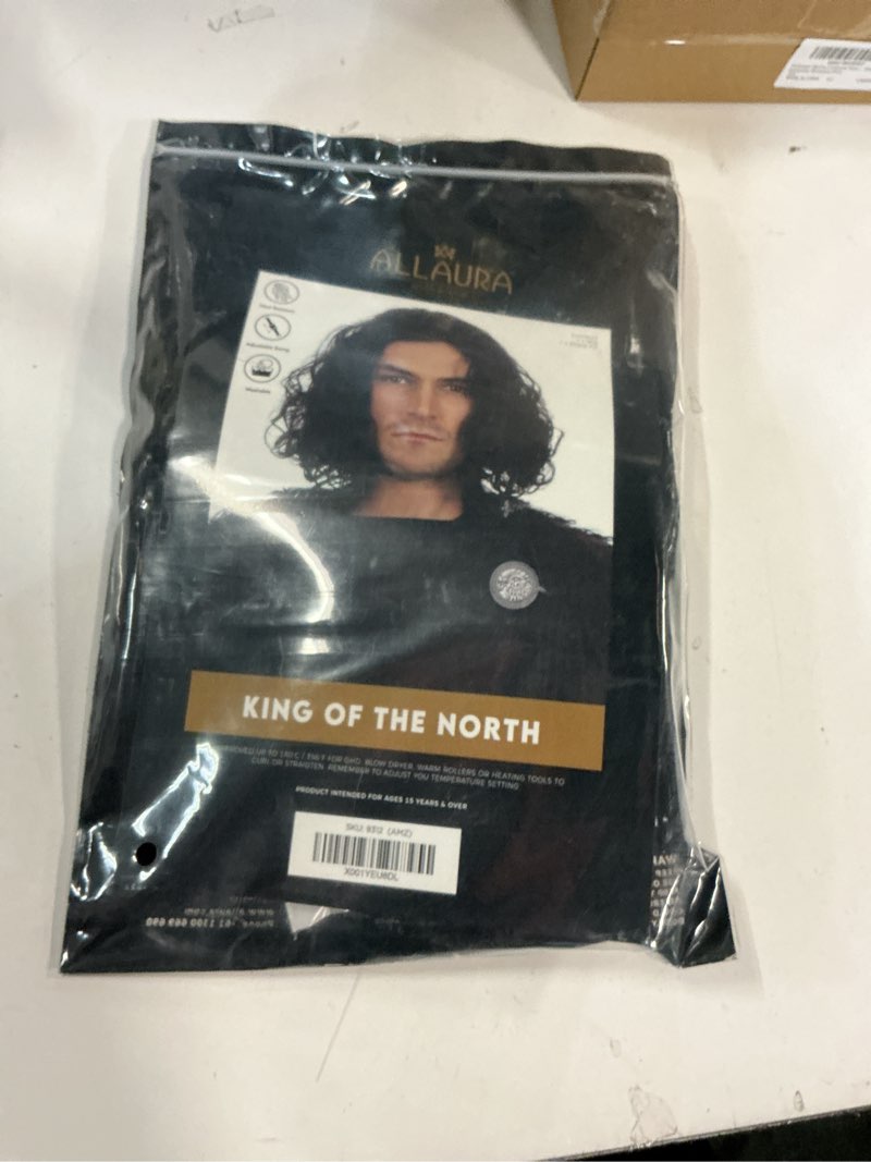 Condition photo showing New/Like New for ALLAURA – Jon Snow Wig Northern Snow King Wig + Shield Jon Snow Pin – Bruno Short Black Curly Cosplay Wigs For Men Halloween Cosplay Halloween Costume Jon Snow Wig Short Wig + Shield Pin