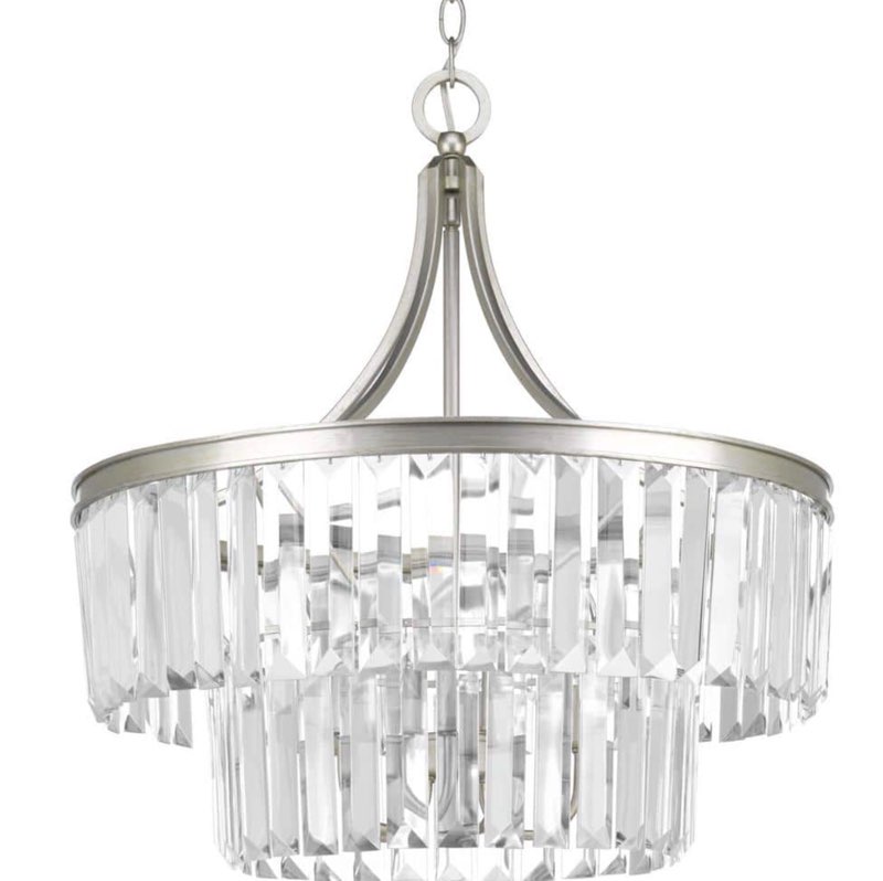 Progress Lighting P5321-134 Glimmer Pendants, P5321-134, Gray Glimmer fits the definition of livable luxury with elements that sparkle to create an instant statement within the home. Prismatic glass five-light pendants are supported by an architecturally- styled frame in Silver Ridge finish. The cascade of faceted linear glass deliver a sleek silhouette to any room.