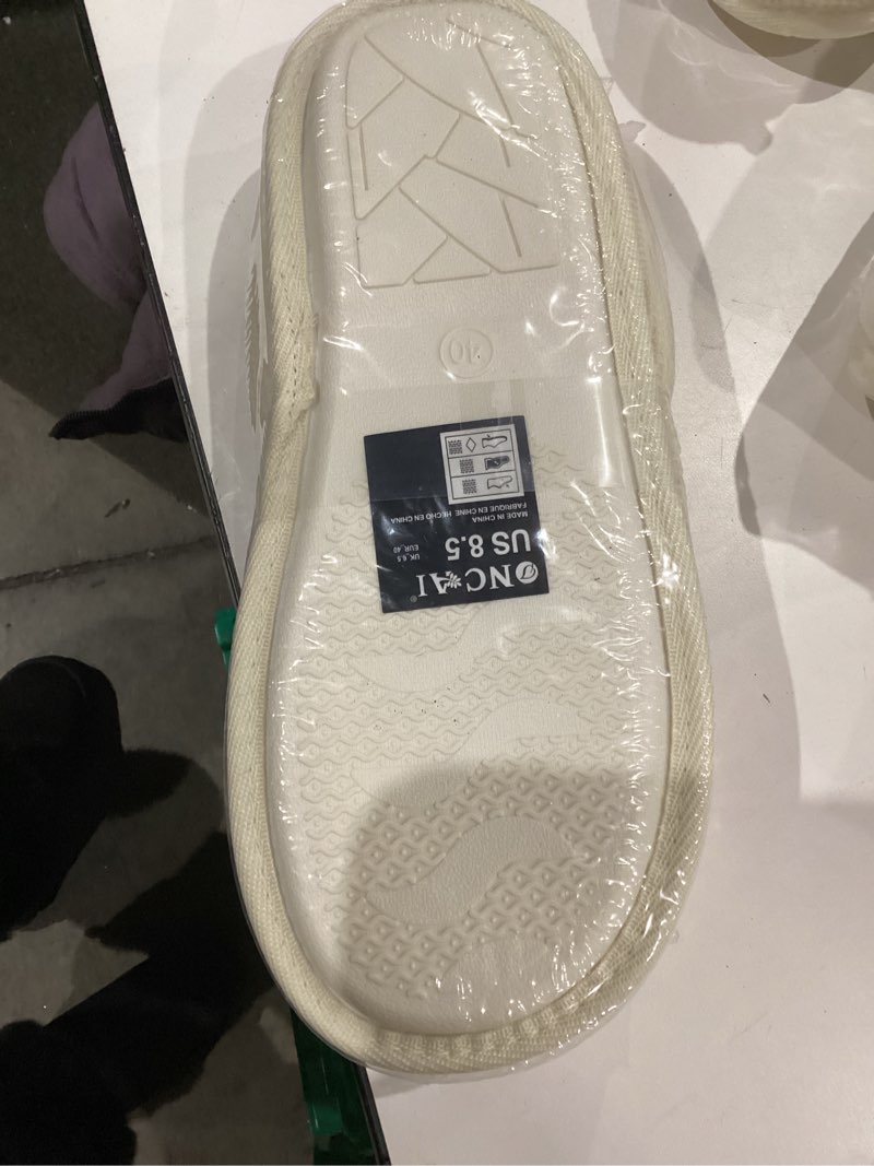 Condition photo showing New/Like New for oncai women's house slippers, cushion memory foam waffle upper home comfortable warm winter cozy soft lightweight indoor best house shoes non-slip rubber sole us size 5-11 plush off white 8.5