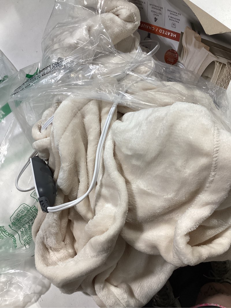 Condition photo showing As Is for sunbeam royal posh velvet heated electric blanket queen size, 90" x 84", 12 heat settings, 12-hour selectable auto shut-off, fast heating, machine washable, warm and cozy, champagne champagne queen (90" x 84")