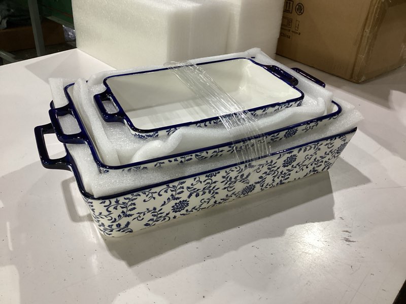 Condition photo showing New/Like New for ceramic bakeware set - casserole dish baking dishes for oven - rectangular lasagna pans with handles for kitchen cooking - microwave & dishwasher safe - set of 3 (15.1''/13.6''/9.9'') - blue