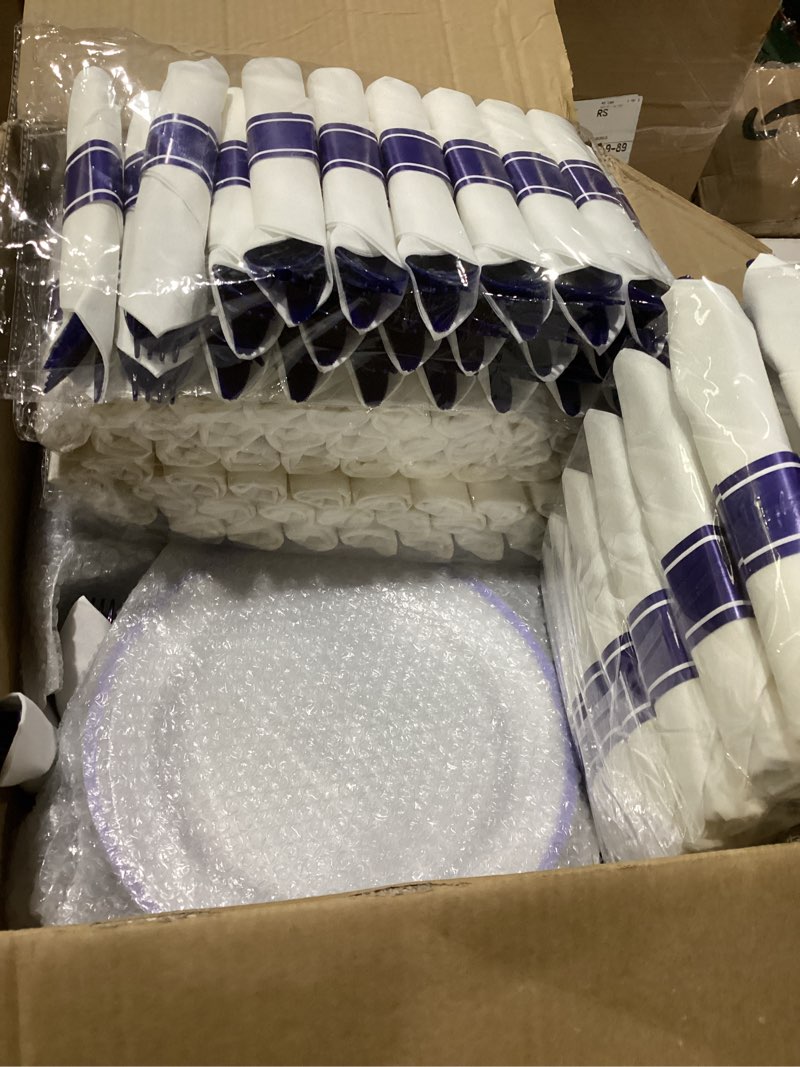Condition photo showing New/Like New for goodluck 700 piece dark blue plastic dinnerware set for party, clear disposable plates for 100 guests, include: 100 dinner plates, 100 dessert plates, 100 pre rolled napkins with cutlery set, 100 cups 700 piece (100 guests) dark blue
