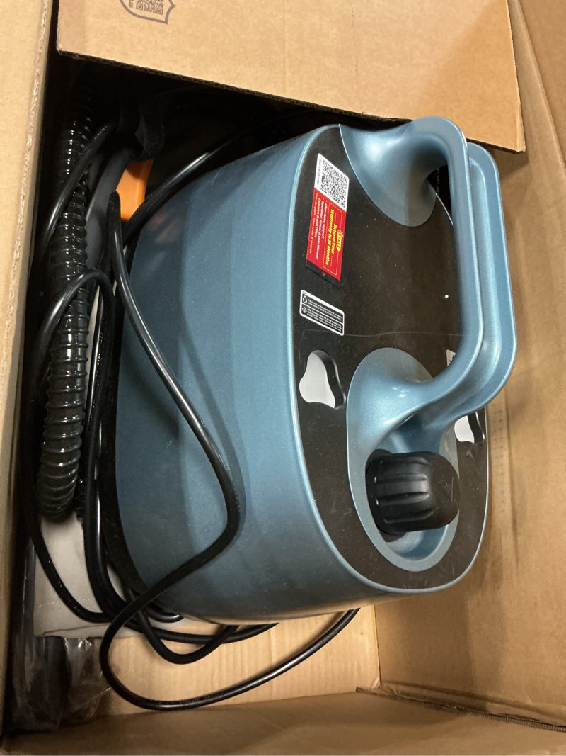 Condition photo showing As Is for aspiron steam cleaner, 293°f 58 psi powerful multipurpose handheld steam mop for home use, 21 attachments, 50oz capacity, heavy duty steamer for carpets, floors, cars, tiles, crack cleaning, blue