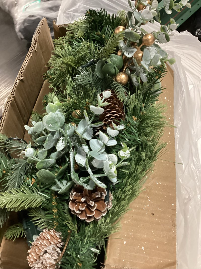 Condition photo showing As Is for Pre-Lit Pathway Christmas Tree(2 Pack), Artificial Christmas Urn Filler with LED Lights, Golden & Red Berries, Pine Cones, Outdoor Light Up Planter Filler Holiday Home Decor