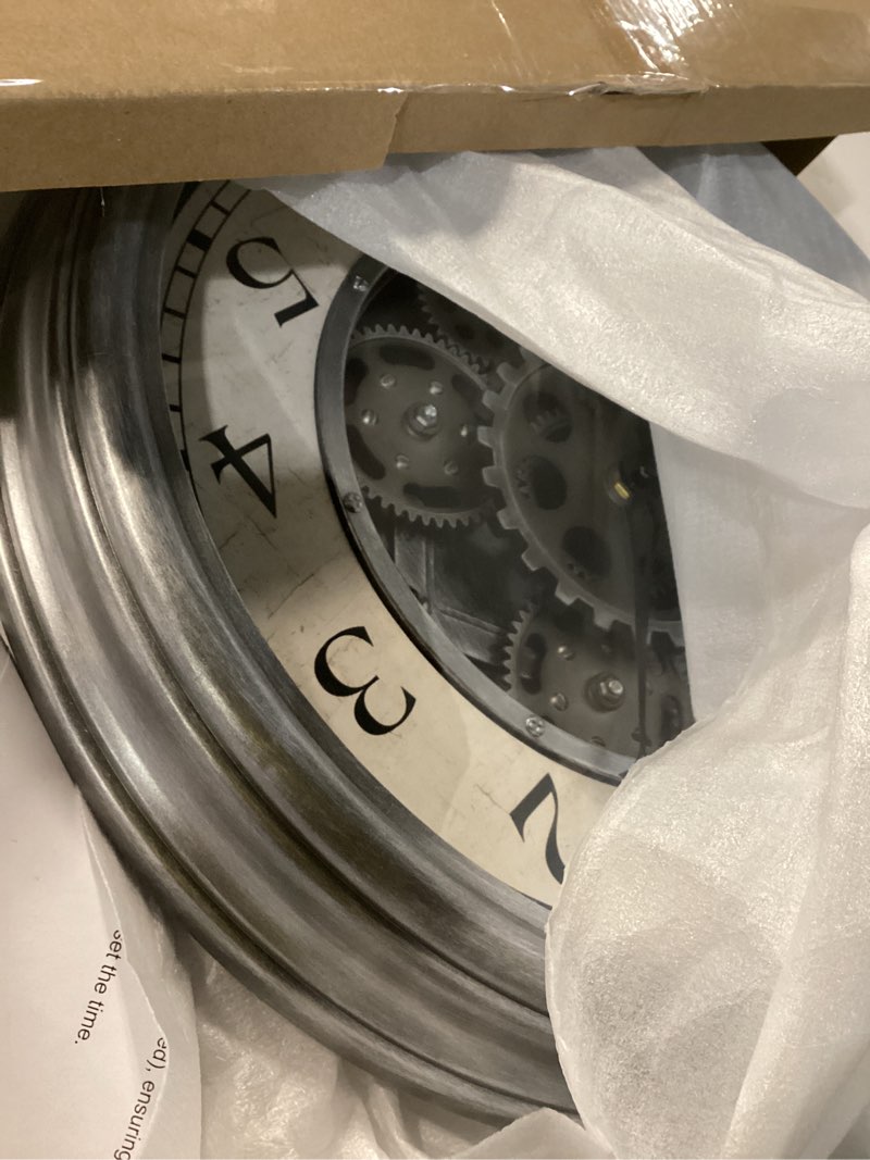 Condition photo showing Good Condition for Lily's Home 15" Moving Gears Wall Clock, Large Modern Clocks for Living Room Decor, Industrial Steampunk Vintage Decorative Wall Clock for Home, Office - Intricate Gear Design, Bold Numbers (Silver)