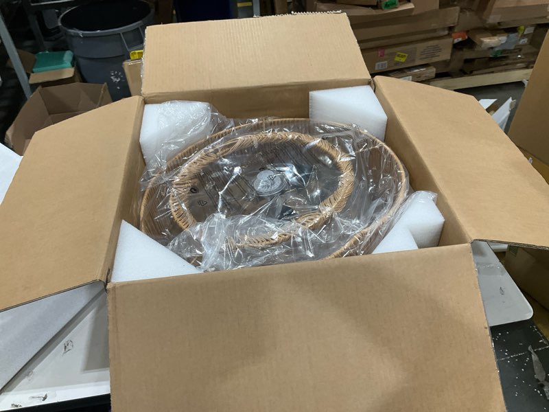 Condition photo showing As Is for 20 Inch Boho Caged Ceiling Fans with Lights Flush Mount, Layered Rattan Ceiling Fan with Light Remote Control with Reversible 6 Speeds for Bedroom, Nursery, Living Room, E12 Base, Indoor Gold 20" Layered Rattan Boho Caged Ceiling Fan with Lights