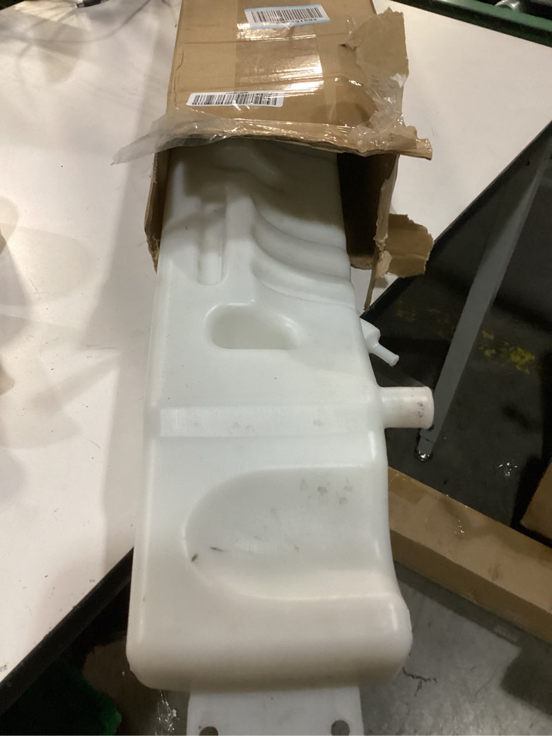 Condition photo showing As Is for coolant overflow tank with cap - f6hz-8a080-b replacement for 1980-1999 ford f-series trucks & b-series buses - fits f600 f700 f800, replaces f5ht-8a080-ha, f5hz-8a080-c