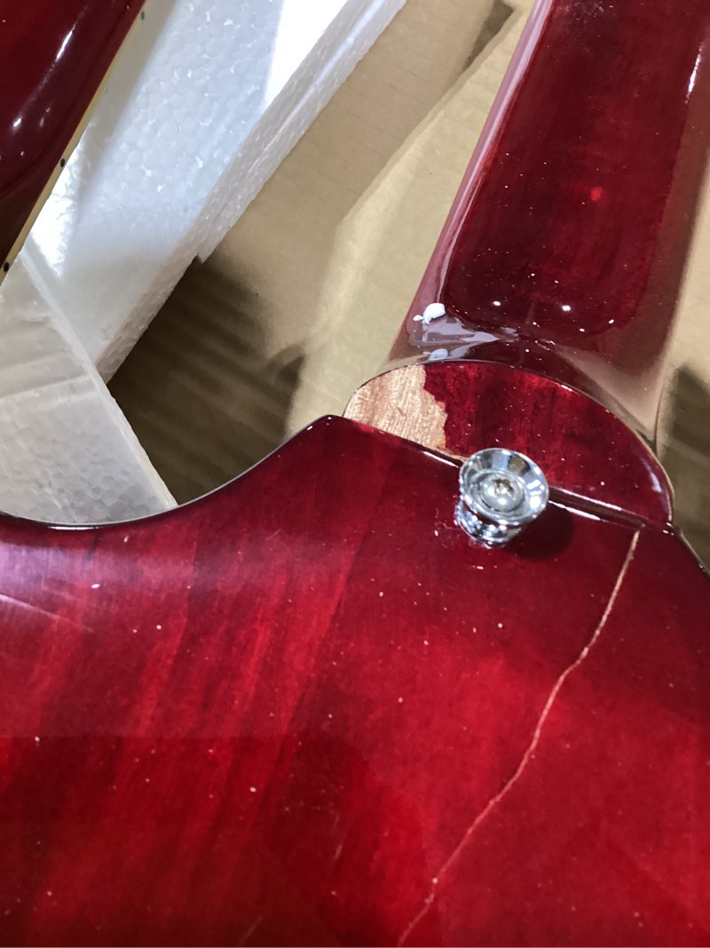 Condition photo showing As Is for iyv idn-126 double-neck solid body guitar, trans red