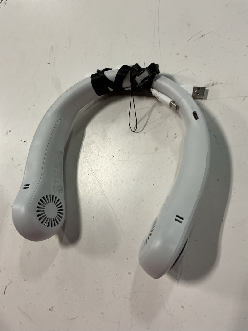 Condition photo showing As Is for jisulife portable neck fan upgraded, neckbrace personal hands free, 5 speed gears adjustment, 5000 mah wearable bladeless quiet rechargeable for outdoor indoor, gifts for women men- foggy grey