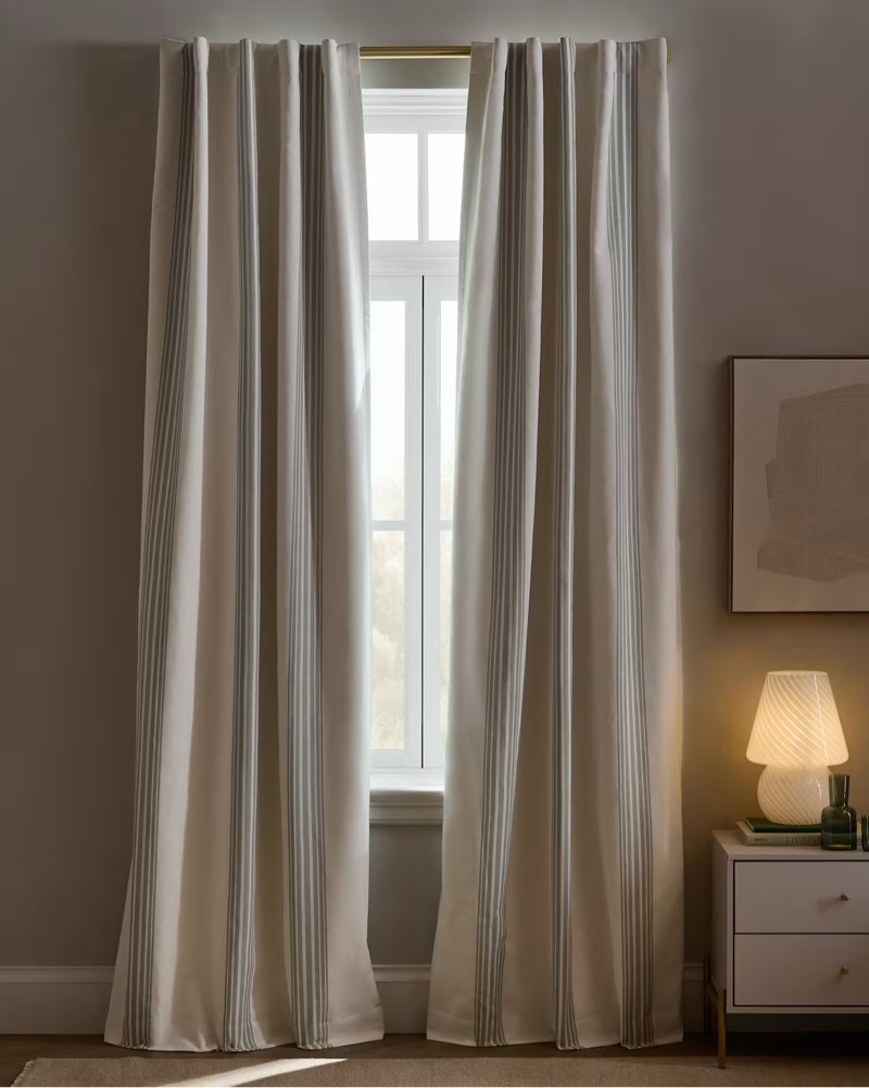 coastal stripe linen cotton true blackout curtain - single panel color: ivory/sage green size: 48x108 lining: true blackout