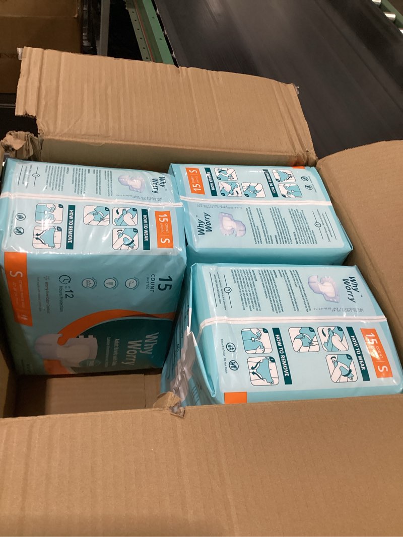 Condition photo showing Good Condition for (missing a pack) whyworry adult diapers with tabs, disposable incontinence briefs for women & men with maximum absorbency, adult briefs for incontinence overnight, odor control, unisex, small, 60 count (3packs of 15) small 60.0