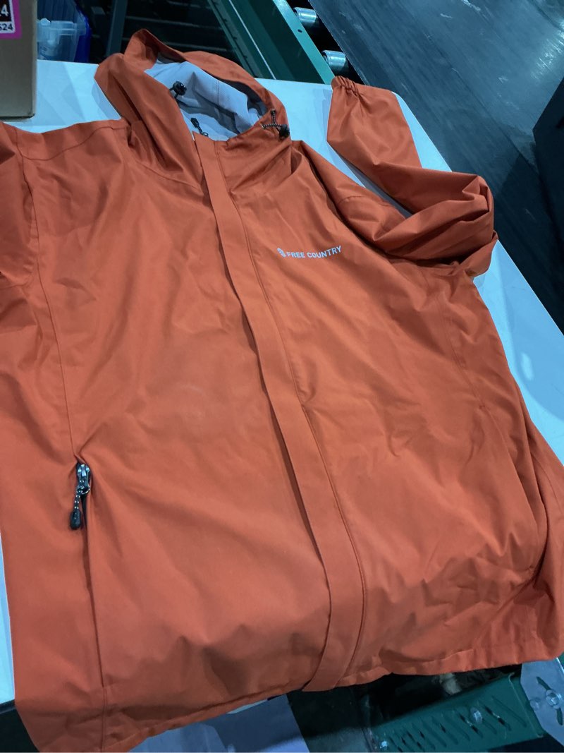 Condition photo showing As Is for free country x20 work dry packable men's harris orange hooded rain jacket ( l )