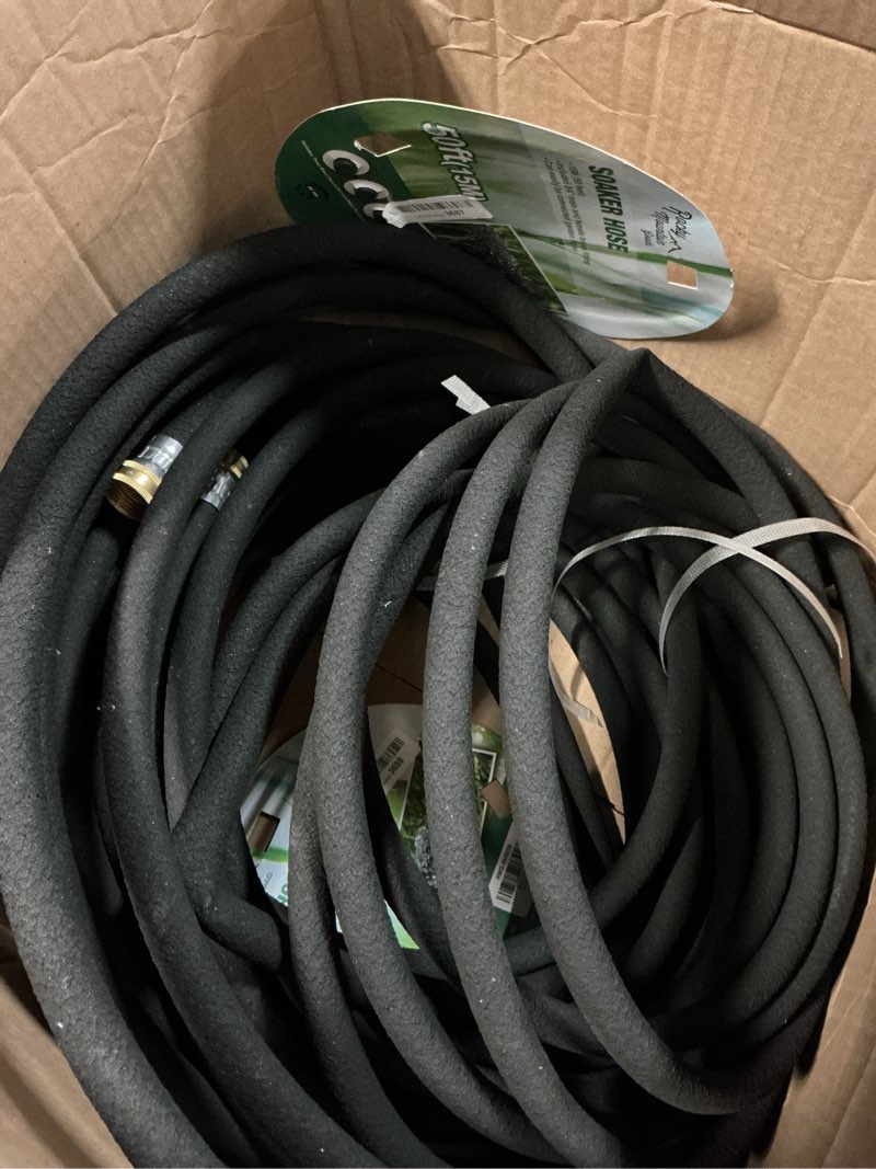 Condition photo showing As Is for rocky mountain goods soaker hose - heavy duty rubber - saves 70% water - end cap included for additional hose connect - great for gardens/flower beds - reinforced fittings (50-feet by 5/8-inch)