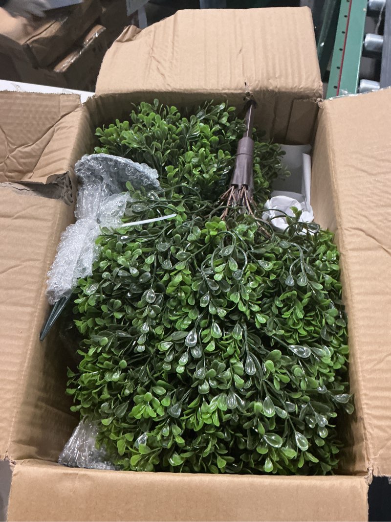 Condition photo showing Good Condition for artificial boxwood topiary trees with ground spike,2 pieces fake pine shrubs bushes, uv resistant faux evergreen cypress tree plants for indoor outdoor planters front porch boxwood ball