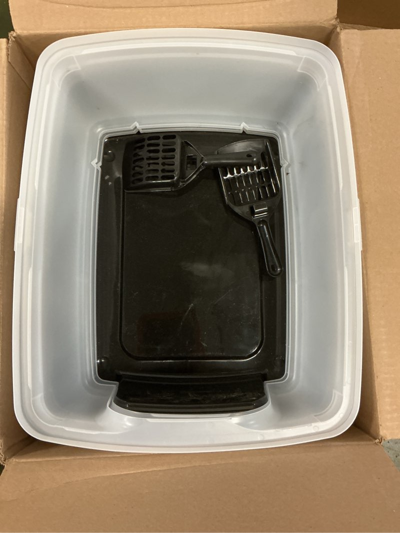Condition photo showing As Is for IRIS USA 2 Pack Large Open Top Cat Litter Box with High Sides, Scatter Shield & Scoop, Black, for Indoor Cats, Kittens or Multicat Homes