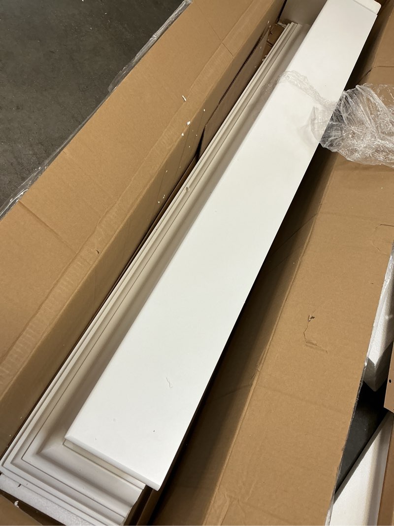 Condition photo showing As Is for sophisticated premium white mdf mantel shelf…60”x54”x9”c