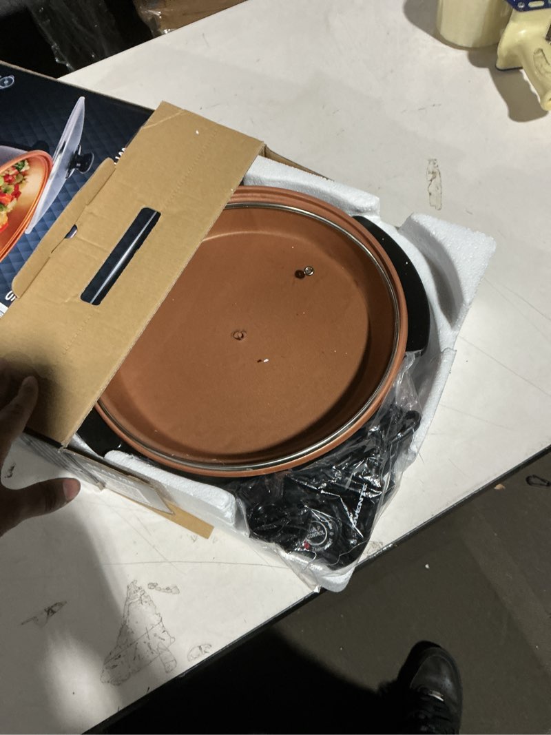 Condition photo showing As Is for OVENTE 11.5-Inch Electric Skillet & Frying Pan, 1400W Nonstick Cooking Pan with Adjustable Temperature Control, Tempered Glass Lid with Steam Vent, Cool-Touch Handles, Easy-Clean Copper SK11112CO 11.5 Inch - Copper