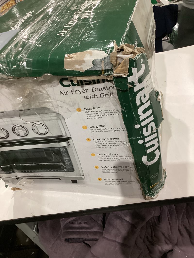 Condition photo showing As Is for Cuisinart Air Fryer Toaster Oven, 1800W, 8-in-1 with Air Fry, Convection, Broil & Warm, 0.6 Cubic Feet, 60-Minute Timer, TOA-70NAS, Stainless Steel Stainless Steel Convection Toaster Air Fryer Oven w/ Grill