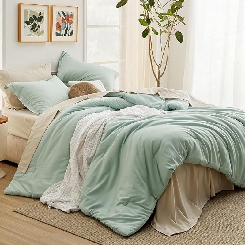 bedsure queen comforter set - 7 pieces sage green queen bedding set for all seasons, boho contrasting design bed in a bag with comforter, sheets, pillowcases & sham