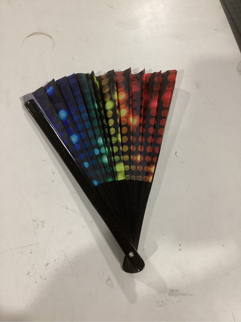 Condition photo showing Good Condition for Large UV Festival Rave Folding Fan - Gear Essentials or Rave Accessories for Women, Mens Outfits - Clacking Rainbow Hand Fans for EDM, Music Festivals, Drag, Costumes, Burlesque Gifts
