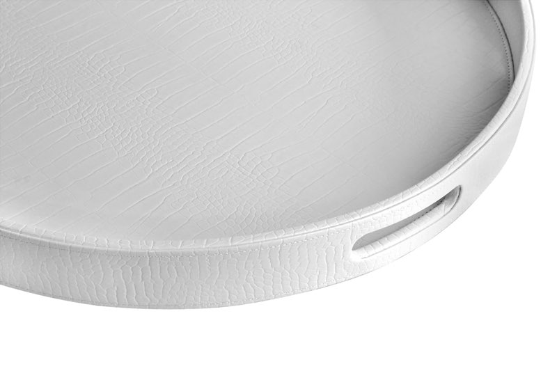 HofferRuffer Extra Large Round Serving Tray, Elegant Faux Leather Circle Ottoman Table Tray with Handles, Serve Tea, Coffee or Breakfast in Bed, Diameter 23.6 x 2.4 inches Height (white)