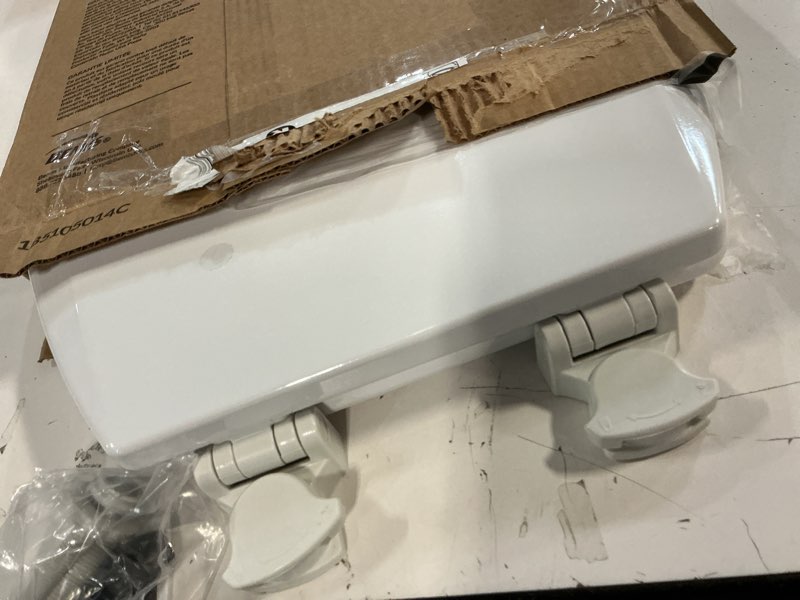Condition photo showing As Is for bemis round enameled wood toilet seat in cotton white with easy•clean hinge