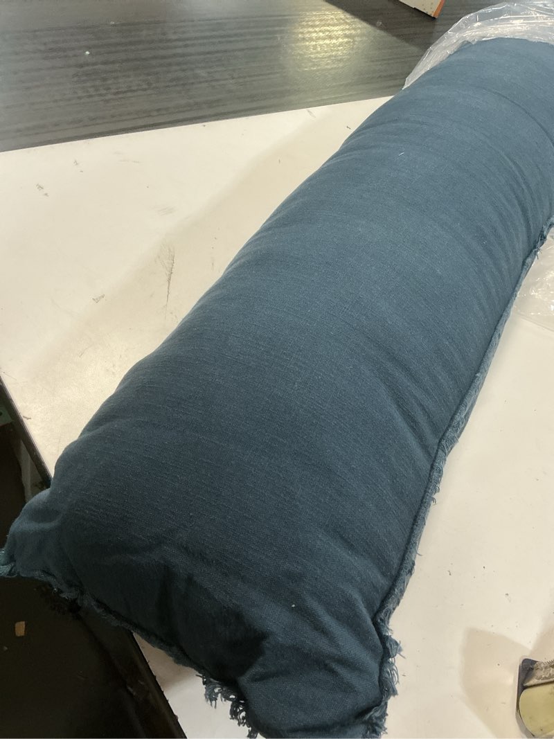 Condition photo showing As Is for ox bay bennett 14" x 36" fringed navy blue cotton adult decorative throw pillow