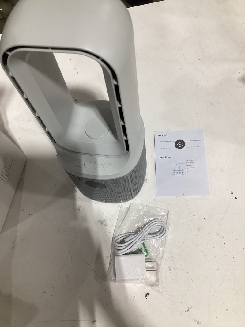 Condition photo showing Good Condition for misby desk fans small quiet, 13 inch bladeless table fan, 5 speeds for powerful airflow, 70° oscillating fan with night light and timer, desktop cooling fan for bedroom, office, nightstand grey