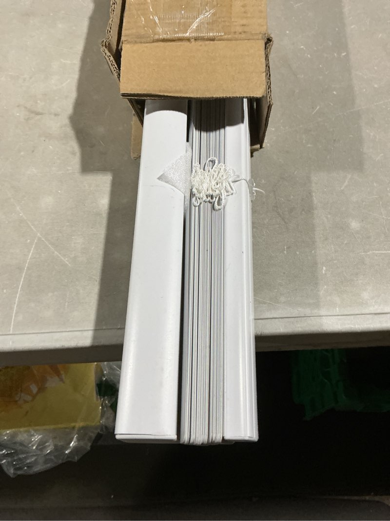 Condition photo showing As Is for chicology cordless mini blinds, 1 inch vinyl window blinds, room darkening & privacy, easy install with adhesive brackets, child safe, for windows, doors & campers, midnight white,27" w x 48" h 27"w x 48"h midnight white (blackout)