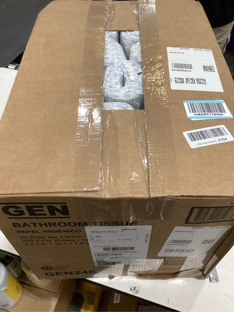Condition photo showing New/Like New for gen standard bath tissue, white toilet paper, 2-ply, 4 x 3, 400 sheets/roll, individually wrapped, commercial case of 96 rolls, fits standard-roll dispensers, strong and reliable