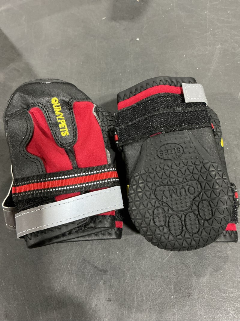 Condition photo showing Good Condition for QUMY Dog Shoes for Large Dogs, Medium Dog Boots & Paw Protectors for Winter Snowy Day, Summer Hot Pavement, Water-Resistant in Rainy Weather, Outdoor Walking, Indoor Hardfloors Skid-Resistant Sole Red Size 5: 2.4''x2.8''(W*L) (Pack of 4)