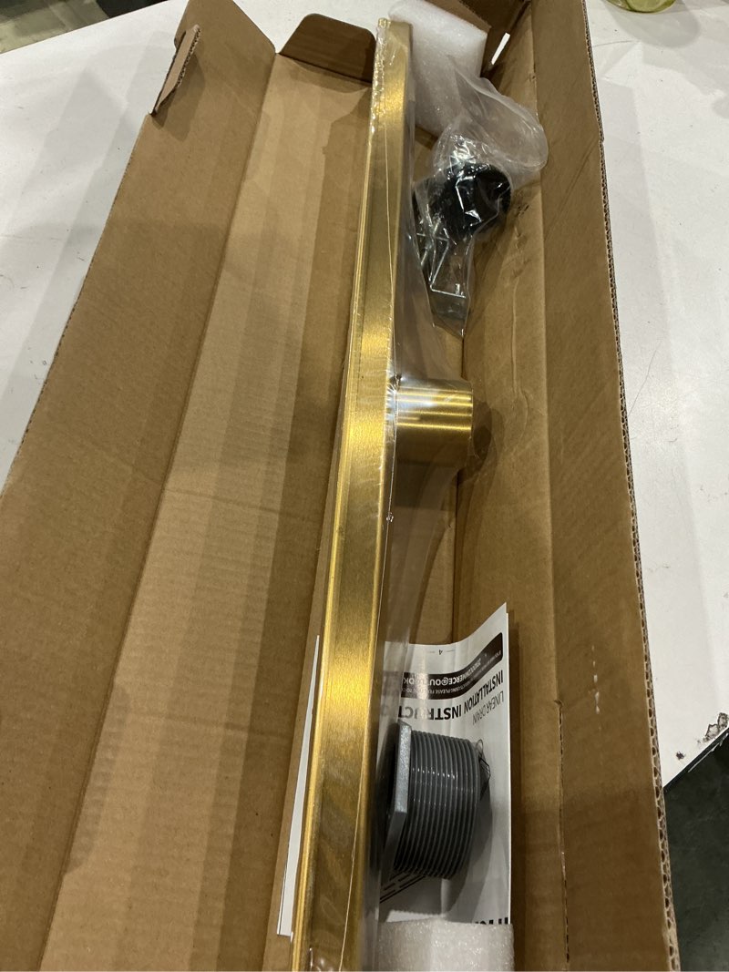 Condition photo showing Good Condition for brushed gold shower drain 28 inch, 304 stainless steel linear shower drain with removable brick pattern grate - adjustable rectangular shower floor drain with hair strainer, linear drain brushed gold 28 inch