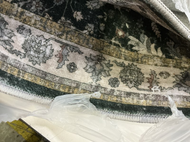 Condition photo showing As Is for kitchen rug sets 4-piece with runner – washable non-slip floor mats for sink, entryway, hallway, bathroom – soft low-pile thin boho floral rugs, new home decor (black, 2x3+2x4+2x5+2x6) black 2'x3'+2'x4'+2'x5'+2'x6' (rectangular)