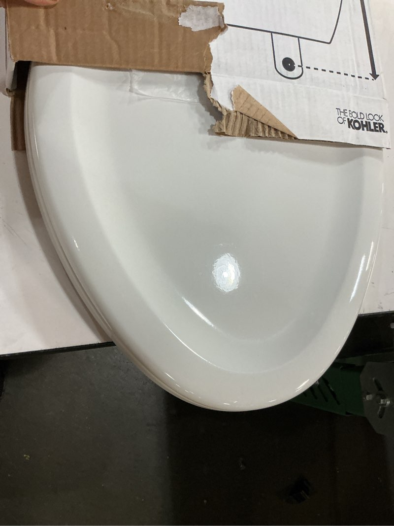 Condition photo showing As Is for kohler stonewood quiet-close elongated toilet seat, slow close design, durable wood, easy installation, universal fit, white finish, k-20466-0